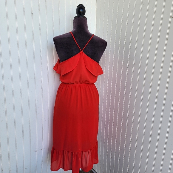 Monteau Fit & Flare Dress Women's Red Ruffled Spaghetti Straps Halter Neck Sz S - Picture 6 of 13